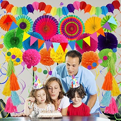 ZERODECO Party Decorations, 41 Pcs Multicoloured Papar Fans Pompoms Garlands String Tissue Paper Tassel for Fiesta Mexican Theme Cinco De Mayo Coco Carnivals Festivals Birthday Party - Image 7