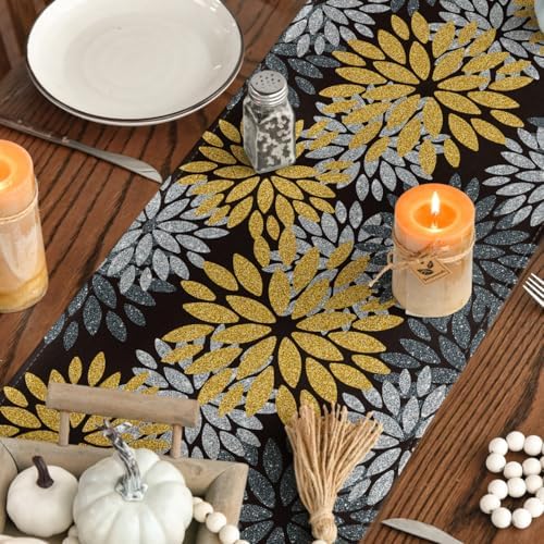 Artoid Mode Gold Black Silver Dahlia Floral Pinnata Fall Table Runner, Seasonal Kitchen Dining Table Decoration for Home Party Decor 13x72 Inch - Image 4