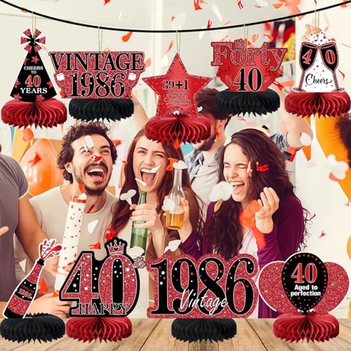 9Pcs 40th Birthday Decorations Red and Black 40th Birthday Party Decorations for Women,Happy 40 Years Vintage 1986 Aged Honeycomb Centerpieces Table Sign Decor Supplies - Image 7