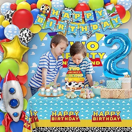 Two Infinity and Beyond Birthday Decorations - 105 Pcs Toy Inspired Story 2nd Birthday Party Supplies Include Banner, Balloons, Backdrop Film, Balloon Cake Topper, Tablecloth - Image 6