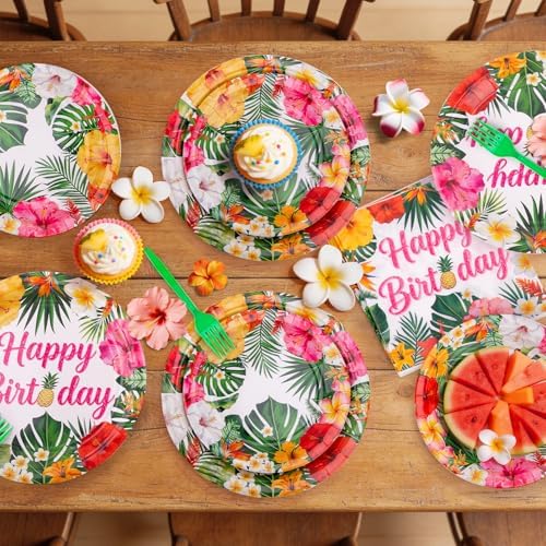 REDWORD Hawaiian Birthday Party Decorations, 99Pcs Hawaiian Plates and Napkins-Serve 24 With Birthday Banner Tablecloth Disposable Luau Plates for Luau Birthdays Tropical Summer BBQ Party Decorations - Image 7