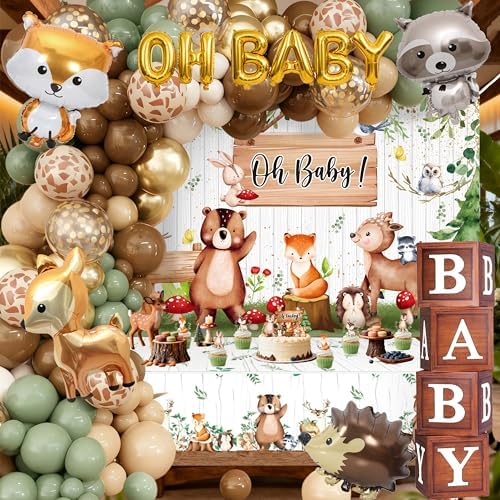 Woodland Baby Shower Decorations Neutral - Forest Animals Party Supplies Include Balloon Garland Arch, Oh Baby Backdrop, 4 Wood Grain Boxes, Fox Deer Raccoon Foil Balloons - Sage Green Gold by Jenlion