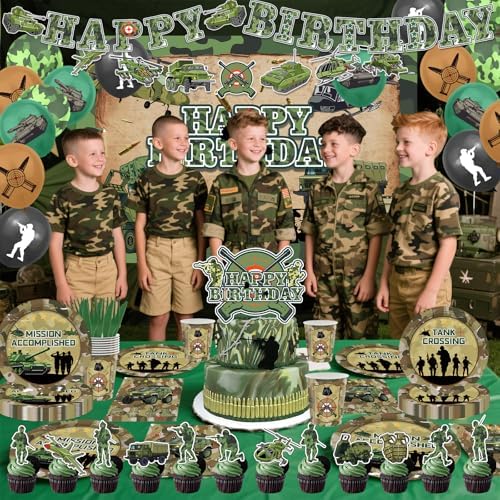 Army Birthday Party Decorations Includes Balloons- Army Banner-Cake Topper-Cupcake Toppers-Backdrop-Plates-Tablecloth-Napkins-Cups and Cutlery for Camo Birthday Party Decorations - Image 5