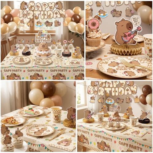 Kinovo 176 Pcs Capybara Birthday Decorations (Serves 24), Capybara Party Decorations Include Banner Hanging Plates Napkins Cups Forks Tablecloth Topper Balloons for Party - Image 7