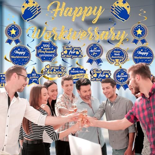Blue Happy Work Anniversary Decorations Banner Navy Blue Gold Glitter Happy Workiversary Banner Office Anniversary Party Hanging Swirls Banner for Employee Worker Office Party Decor Supplies - Image 2