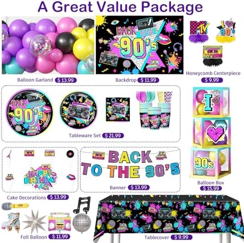 Cocomigo 303PCS 90s Party Decorations Birthday Set Serves 25 - Image 3