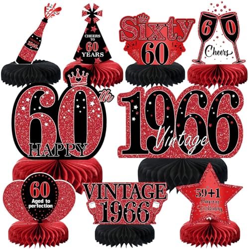 9Pcs 60th Birthday Decorations Red and Black 60th Birthday Party Decorations for Women,Happy 60 Years Vintage 1966 Aged Honeycomb Centerpieces Table Sign Decor Supplies by MOORAY