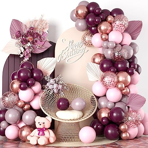 Burgundy Pink Balloon Garland Arch Kit, Burgundy Ruby Red Dusty Purple Pastel Pink Metallic Rose Gold Confetti Balloon Arch Kit for Women Girls Birthday Wedding Baby Bridal Shower Party Decorations by Togvu