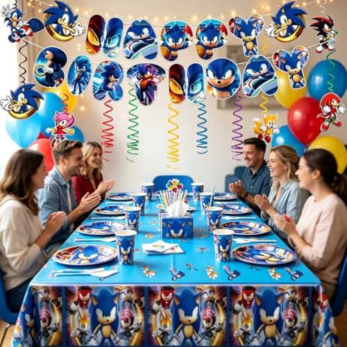 118 Pcs Sonic Birthday Party Supplies Set, anime Theme: 1Banner, 20Cups, 6Hanging Swirls, 30(Spoons+Forks+Knives), 1Tablecloth, 20Plates(9 inch), 20Plates(7 inch), 20Napkins - Image 4