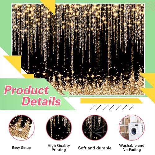 Gold Black Glitter Wall Backdrop 15x10 FT Golden Spots Backdrops for Photoshoot Girls Birthday Photography Background for Wedding Baby Shower Party Decorations Banners Photo Studio Props - Image 6