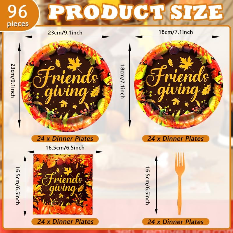 96 Pieces Friendsgiving Tableware Set Party Supplies - Fall Thanksgiving Pattern Disposable Dinnerware with Paper Plates, Napkins, Forks for Autumn Harvest, and Friendsgiving Dinner BBQ Picnic Favors - Image 2