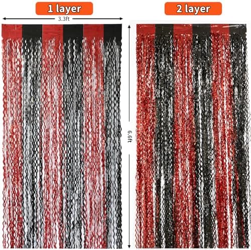 4 Pack Sparkle Red and Black Fringe Curtain - 3.3x6.6 Feet Tinsel Streamer for Birthday Decorations | Halloween Decorations | Casino Theme Party Decorations | Red Carpet - Image 6