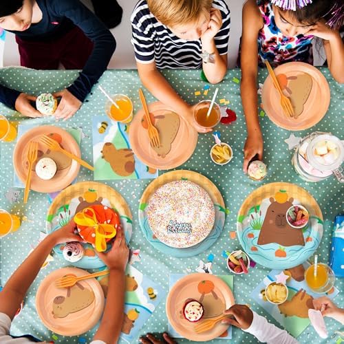 96Pcs Capy Cute Cartoon Animal Orange Party Plates Supplies Tableware Decorations Disposable Paper Plates Napkins Forks for Kids Birthday Baby Shower, Serves 24 - Image 5