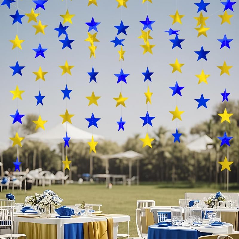 Blue Gold Shining Star Hanging Garland Blue Gold Hanging Sparkling Star Streamer Glitter Bunting Banner Twinkle Backdrop for Wedding Baby Shower Birthday Christmas Decorations 40 Feet - Image 3