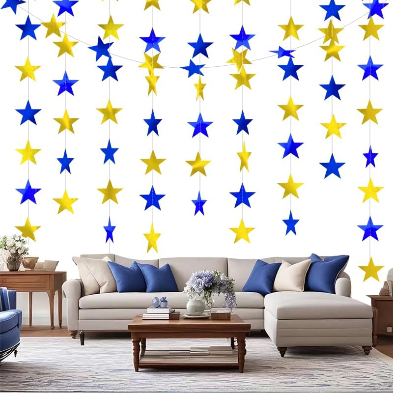 Blue Gold Shining Star Hanging Garland Blue Gold Hanging Sparkling Star Streamer Glitter Bunting Banner Twinkle Backdrop for Wedding Baby Shower Birthday Christmas Decorations 40 Feet - Image 2