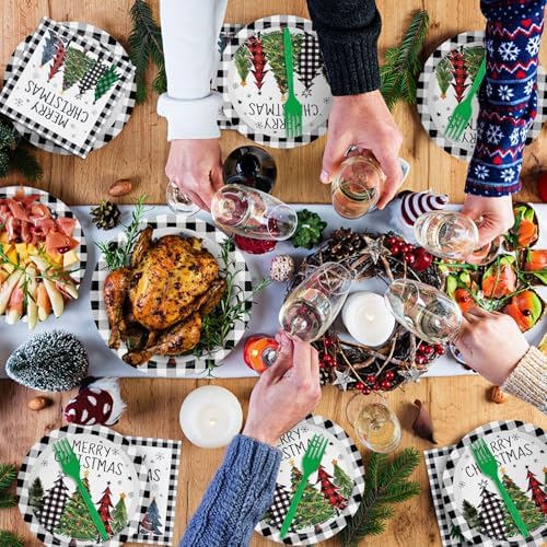 96 Pieces Christmas Tree Tableware Party Supplies – Black and White Buffalo Plaid Disposable Dinnerware with Paper Plates, Napkins, and Plastic Forks for Rustic Winter Celebration – Serves 24 - Image 6