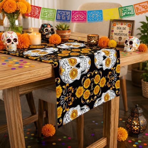 Dia De Los Muertos Decorations - Sugar Skull Table Runner with Banner - Image 5