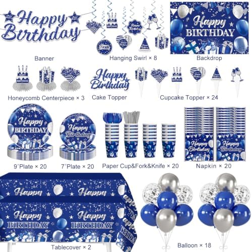 181Pcs Blue and Silver Birthday Decorations for Men, 20 Serves - Image 3