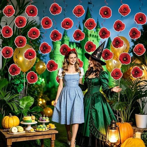 60Pcs Artificial Red Poppy Flowers Hanging Swirls Decorations Halloween Poppies Fake Flowers Ceiling Hanging Streamers Floral Birthday Party Ornaments for Witch Birthday Shower Party Favor Supplies - Image 5