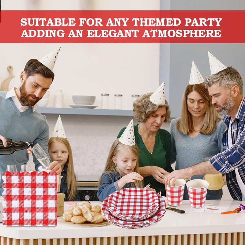 168Pcs Gingham Party Supplies for 24 Guests Thick Napkins and Paper Plates Knives Spoons Forks Cups Disposable Tableware Set Cutlery for Dinner Baby Shower Wedding Favor(Red) - Image 6