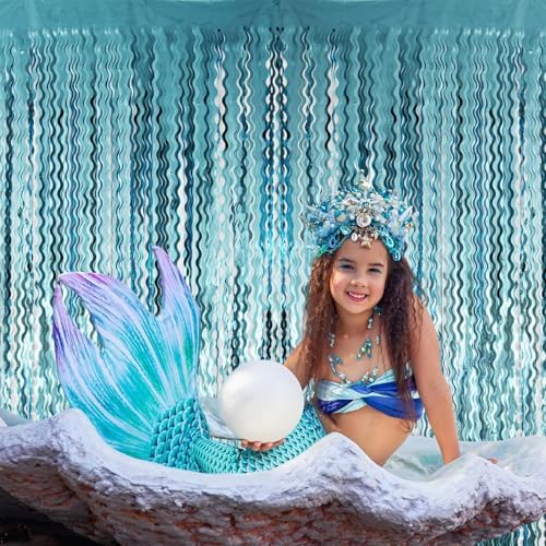 GOER 6.4 ft x 7.22 ft Metallic Tinsel Foil Fringe Curtains,Pack of 2 Party Streamer Backdrop for Birthday,Graduation Decorations and New Year Eve (Wavy Light Blue) - Image 2