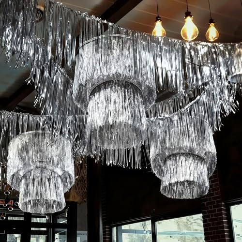 Hahafelt Silver 6 Pcs 1920s Party Decor 2 Tier Fringe Tinsel Chandelier - Image 4
