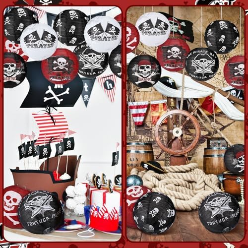 Panelee 12 Pcs Pirate Theme Paper Lanterns Birthday Party Decorations 8 Inch Hanging Round Paper Lanterns for Halloween Party Decorations Holiday Indoor Outdoor Ceiling Ornament Supplies - Image 5