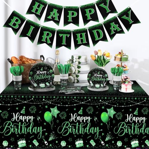 Vesici 171 Pcs Happy Birthday Party Supplies 24 Set Table, Black, Green - Image 4