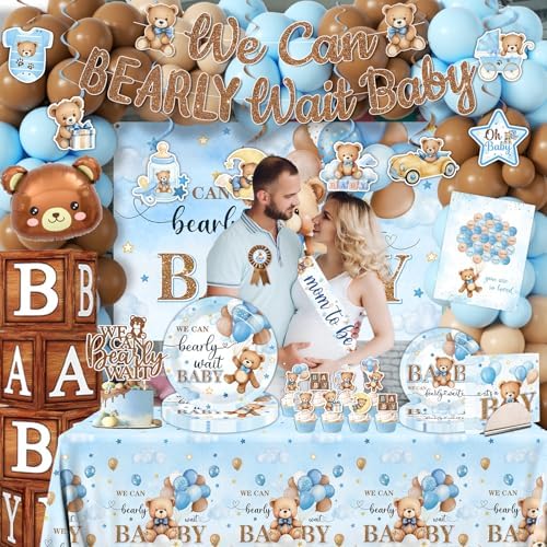 Blue Bear Baby Shower Decorations for Boy, All-in-1 Bear Party Decorations with Balloon Arch Kit Wood Grain Baby Boxes Plates Napkins Cake Toppers Tablecloth Backdrop Blue and Brown Baby Shower Decor - Image 3