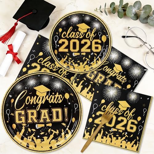 100 Pcs Graduation Plates and Napkins, 2026 Black Gold Graduation Disposable Plates and Napkins Party Supplies Set Serves 25, Black Gold Disposable Dinnerware Set for 2026 Decorations Grad Party - Image 4