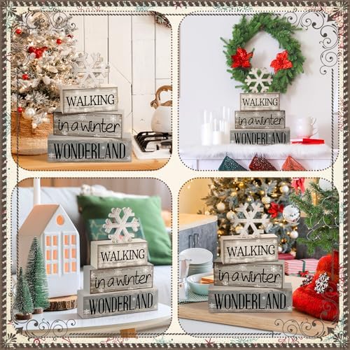 Moucuny 4 Pcs Snowflake Decorations Wooden Block Signs Winter Farmhouse - Image 6