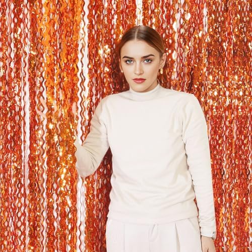 4 Pack Orange Wavy Metallic Tinsel Foil Fringe Curtains | 3.3 ft x 6.6 ft Party Streamer Backdrop Photo Booth for Orange Basketball Party Decorations Holloween Christmas - Image 3