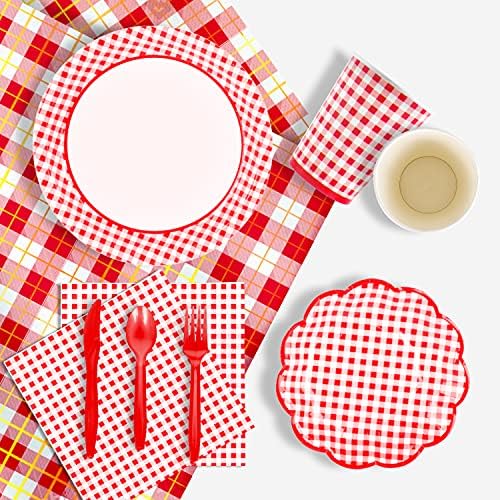 Gatherfun Gingham Red and White Party Supplies Disposable Paper Plates Napkins Cups Knives Spoons Forks Tablecloth Banner for Birthday Party Family Dinner Picnic Barbecue Mother's Day Party, Serve 25 - Image 4
