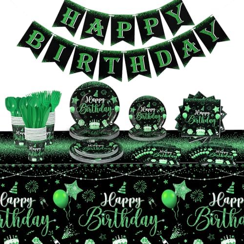 Vesici 171 Pcs Happy Birthday Party Supplies 24 Set Table, Black, Green by Vesici