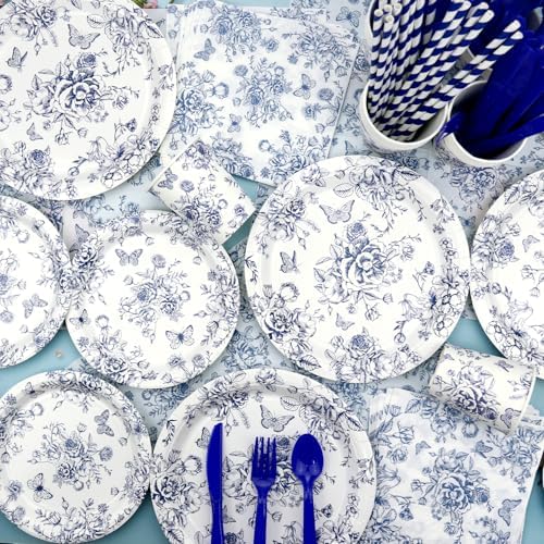 Blue Floral Party Decoration, Including Happy Birthday Banner, Plates, Cups, Napkins, Tablecloth, Paper Lantern, Straws, for Flower Birthday Wedding Chinoiserie Party Supplies Serves 20 - Image 5