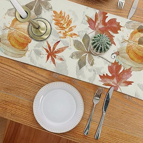 Fall Table Runner Pumpkin Maple Leaf Watercolor Vintage Table Runners Seasonal Autumn Thanksgiving Harvest Home Kitchen Dining Party Decorations 13x90 Inch - Image 3