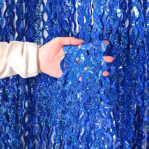 4 Pack 3.3 ft x 6.6 Wavy Sparkle Dark Blue Foil Fringe Backdrop Curtain - Navy Blue Streamer Backdrop Tinsel Curtains for Door Streamers Ocean Birthday Party Decorations Disco Party by KEEUH