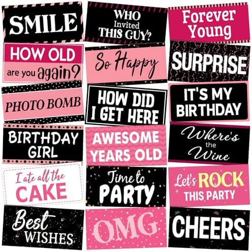 Beeveer 24 Designs Birthday Photo Booth Props, Pink PVC Selfie Signs by Beeveer