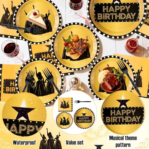 GaofanWai Famous Musical Star Tableware - 96PCS Black & Gold American Musical Theater Party Paper Plate Set for Adult Fans, Inspired Happy Birthday Party Decoration Dinnerware Napkin Fork, 24 Guests - Image 3
