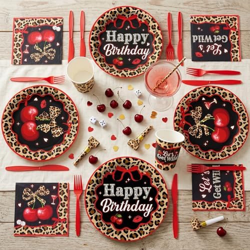 Kinovo 206 pcs Cheetah Print Birthday Decorations-Serves 24, Red Black Cherry Leopard Party Supplies Y2K with Plates Napkins Tablecloth Banner Balloons Cake Topper for Womens - Image 4