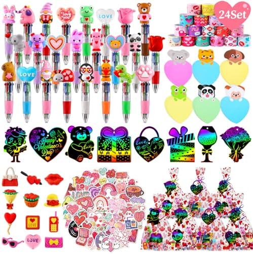 24 Sets Valentine’s Day Bulk with Multicolor Pen Gifts, Valentines Stationary for Classroom Birthday Goodie Bags Stuffers Rewards Prizes Party Favors by Unknown
