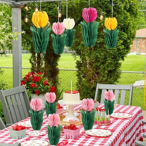 SUNBEAUTY 8 PCS Flower Honeycomb Decor Tulips Table Centerpieces Spring Decoration for Home Office Paper Flower Tulip Honeycomb Decor for Garden Party, Mother's Day Decoration - Image 6