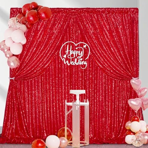 Red Sequin Backdrop Curtains-2 Panels 4FTx8FT Red Backdrop for Valentines Day, Glitter Party Decorations Background Drapes for Wedding Birthday Anniversary Graduation Photo Booth Decor - Image 5