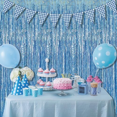 BRAVESHINE Light Blue Streamers Party Backdrop - 2 PCS Foil Fringe Curtains - Image 5