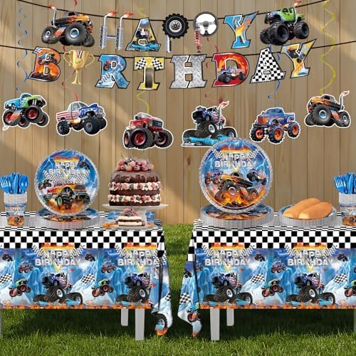 177pcs Monster Truck Birthday Decorations Plates Napkins Tableware Set - Image 7