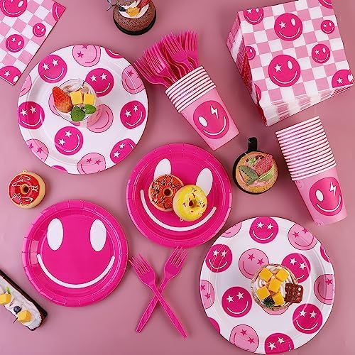 durony 144 Pieces Preppy Birthday Decorations Pink Smile Face Tableware Set Preppy Smile Plates Cups Napkin and Forks for Bachelorette Smiley Face Birthday Party Supplies - Image 5
