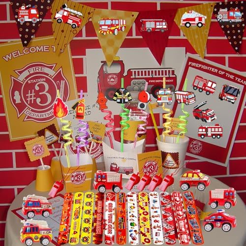 Fire Truck Party Favors Set - 110 Pcs with Firefighter Stickers, Slap Bracelets, Drinking Straws & More for Firefighter Themed Birthday Party - Image 5