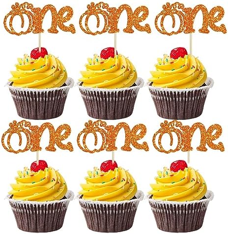 24Pcs Pumpkin One Cupcake Toppers Glitter First Birthday Pumpkin Cupcake Picks for Fall Theme Baby Shower Kids 1st Birthday Party Cake Decorations Supplies Orange by Ephlyn