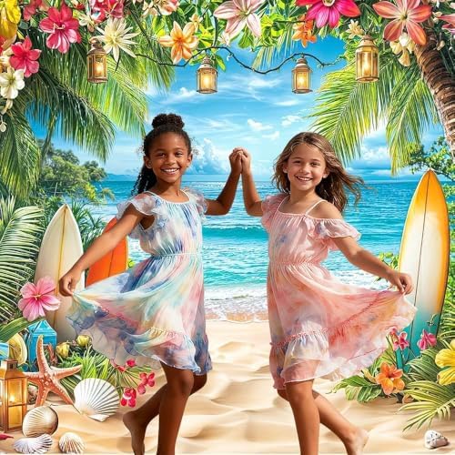 Summer Beach Ocean Backdrop, Tropical Hawaiian Palm Trees Flower Photography Background, Blue Sea Sky Luau Aloha Party Wedding Baby Birthday Bridal Shower Decoration Banner Photo Booth 7X5FT - Image 2