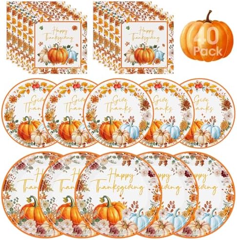 40 Pcs Happy Thanksgiving Paper Plates and Napkins Sets - Disposable Fall Thanksgiving Party Plates Napkins, Maple Leaf Pumpkin Watercolor Tableware for Thanks Giving Party Supplies Table Decorations by Litmitfu